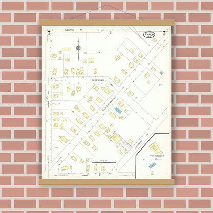 Old map wall art mockup — magnetic wood frame on brick wall — Sanborn Fire Insurance Map from Akron, Erie County, New York (1923), Sheet #0007