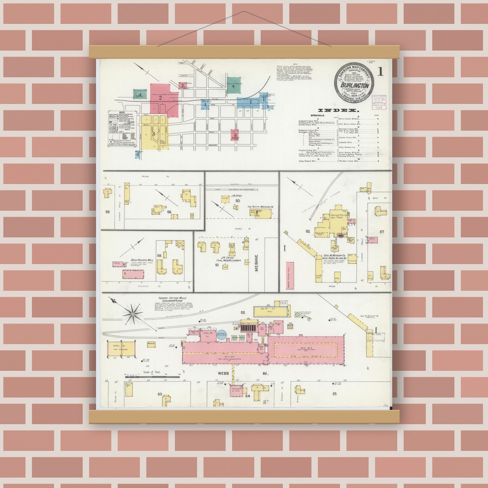 Old map wall art mockup — magnetic wood frame on brick wall — Sanborn Fire Insurance Map from Burlington, Alamance County, North Carolina (1904) - Complete Map Set