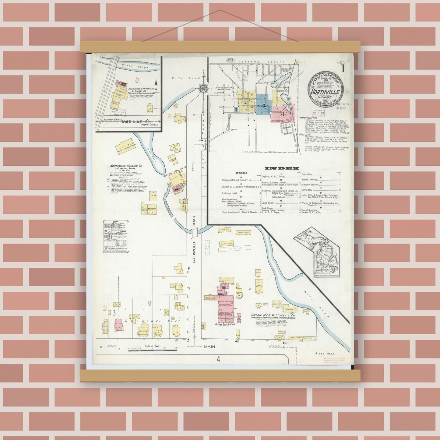 Old map wall art mockup — magnetic wood frame on brick wall — Sanborn Fire Insurance Map from Northville, Wayne County, Michigan (1914) - Complete Map Set