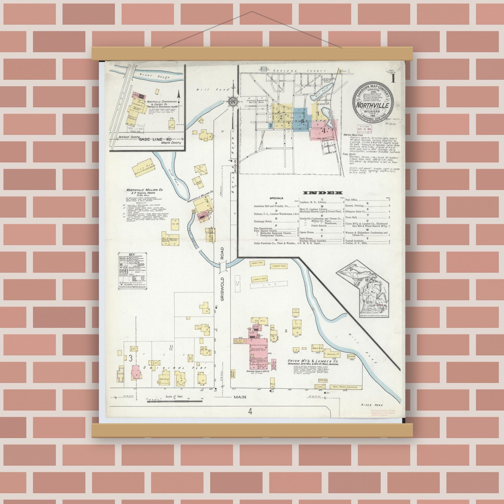 Old map wall art mockup — magnetic wood frame on brick wall — Sanborn Fire Insurance Map from Northville, Wayne County, Michigan (1914) - Complete Map Set