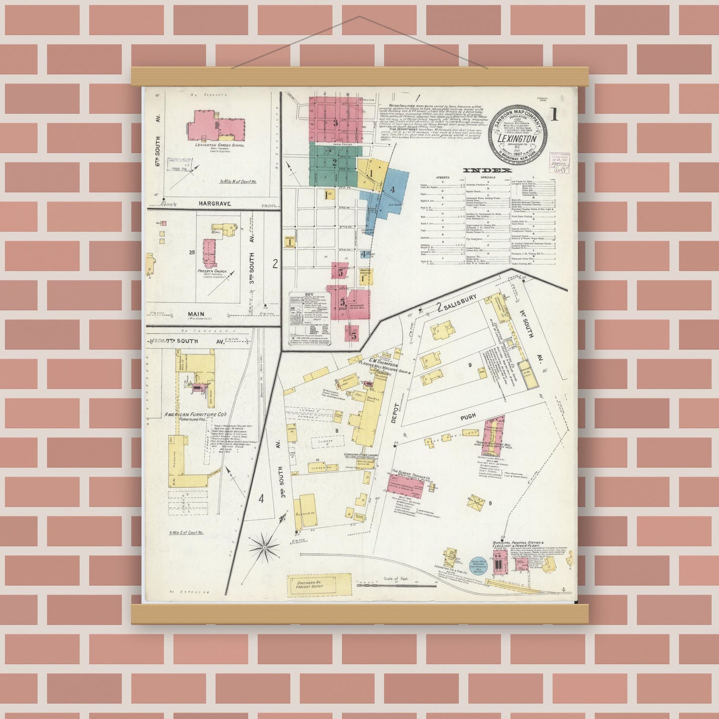 Old map wall art mockup — magnetic wood frame on brick wall — Sanborn Fire Insurance Map from Lexington, Davidson County, North Carolina (1907) - Complete Map Set