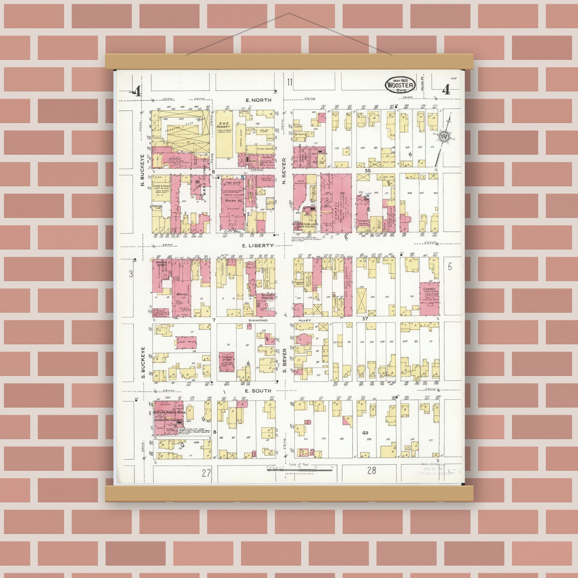 Old map wall art mockup — magnetic wood frame on brick wall — Sanborn Fire Insurance Map from Wooster, Wayne County, Ohio (1923), Sheet #0004