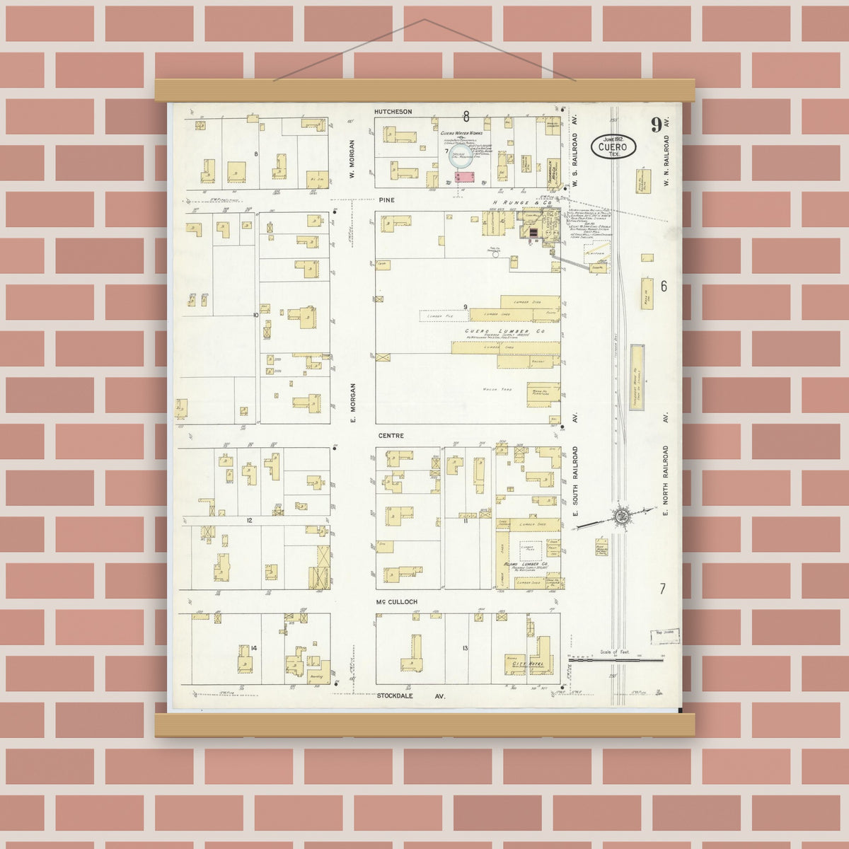 Old map wall art mockup — magnetic wood frame on brick wall — Sanborn Fire Insurance Map from Cuero, De Witt County, Texas (1912), Sheet #0009