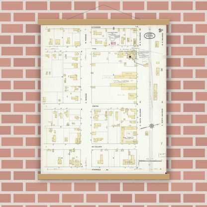 Old map wall art mockup — magnetic wood frame on brick wall — Sanborn Fire Insurance Map from Cuero, De Witt County, Texas (1912), Sheet #0009