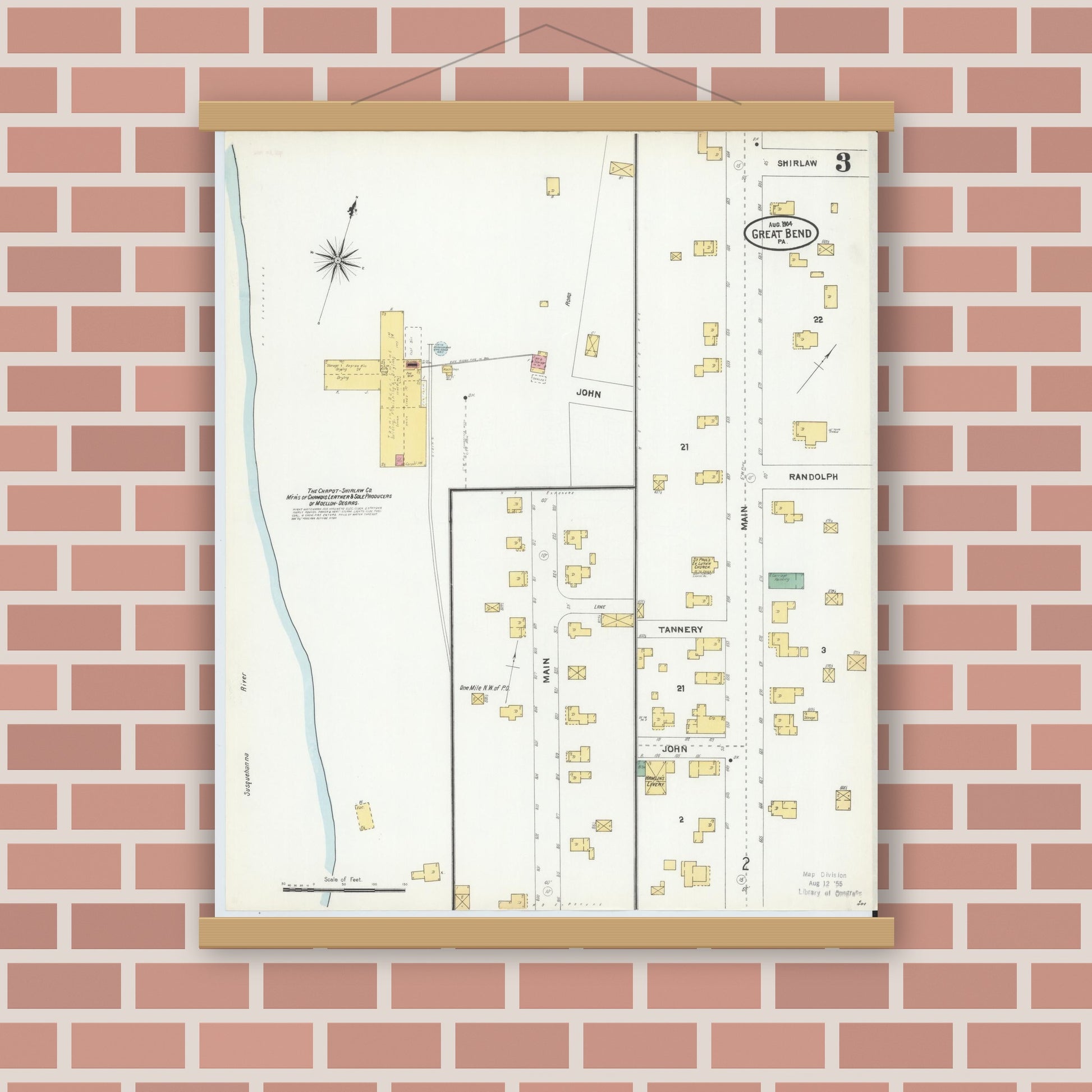 Old map wall art mockup — magnetic wood frame on brick wall — Sanborn Fire Insurance Map from Great Bend, Susquehanna County, Pennsylvania (1904), Sheet #0003