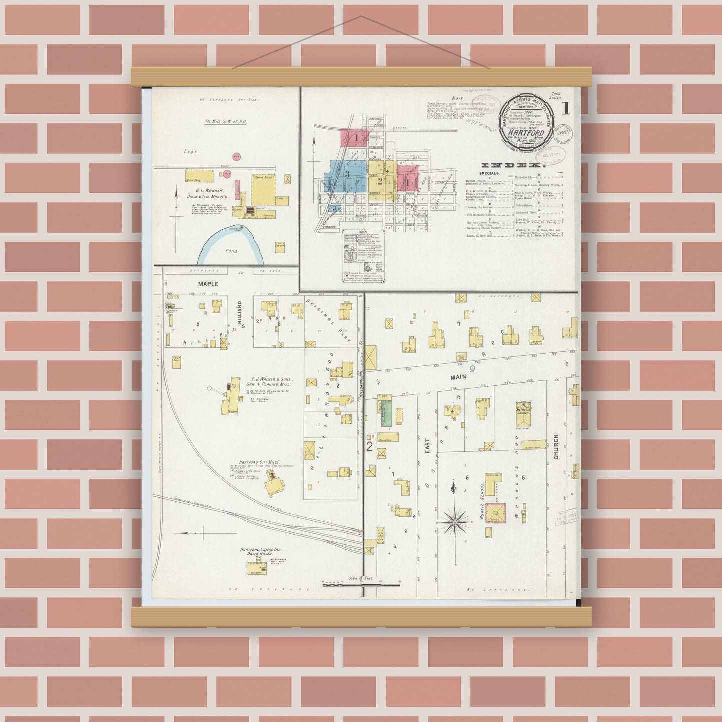 Old map wall art mockup — magnetic wood frame on brick wall — Sanborn Fire Insurance Map from Hartford, Van Buren County, Michigan (1899) - Complete Map Set