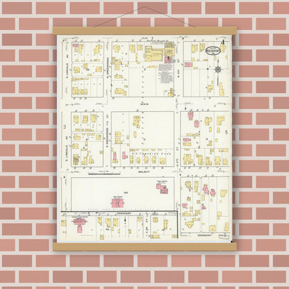Old map wall art mockup — magnetic wood frame on brick wall — Sanborn Fire Insurance Map from Rockport, Spencer County, Indiana (1917), Sheet #0004