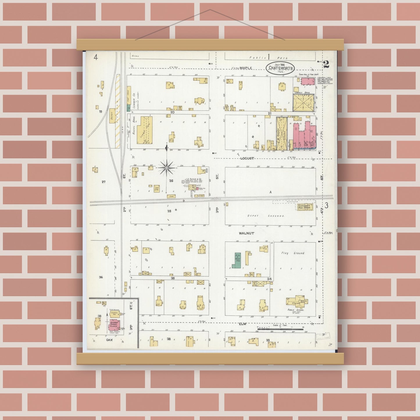 Old map wall art mockup — magnetic wood frame on brick wall — Sanborn Fire Insurance Map from Chatsworth, Livingston County, Illinois (1906), Sheet #0002