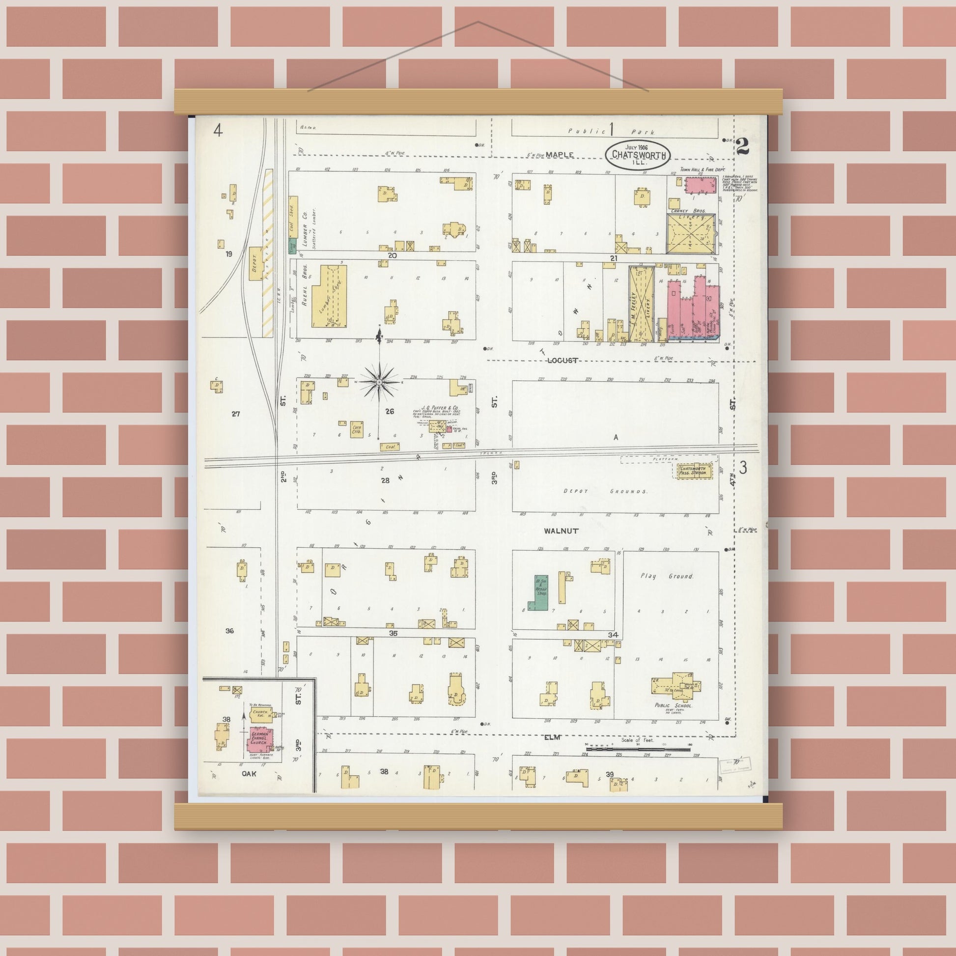 Old map wall art mockup — magnetic wood frame on brick wall — Sanborn Fire Insurance Map from Chatsworth, Livingston County, Illinois (1906), Sheet #0002