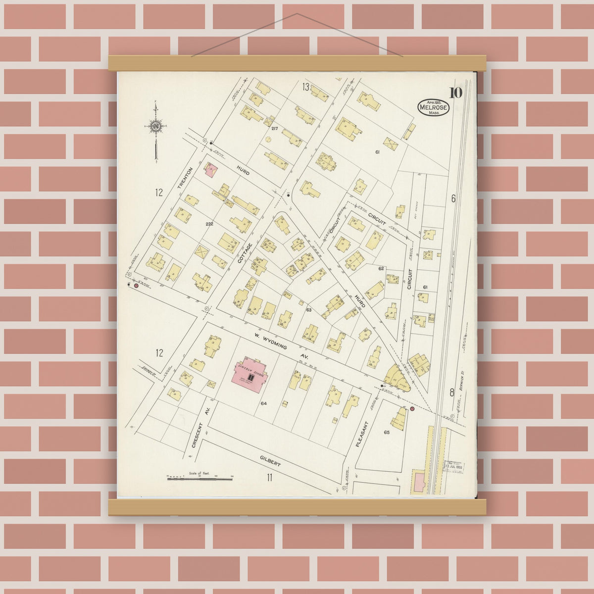 Old map wall art mockup — magnetic wood frame on brick wall — Sanborn Fire Insurance Map from Melrose, Middlesex County, Massachusetts (1915), Sheet #0010