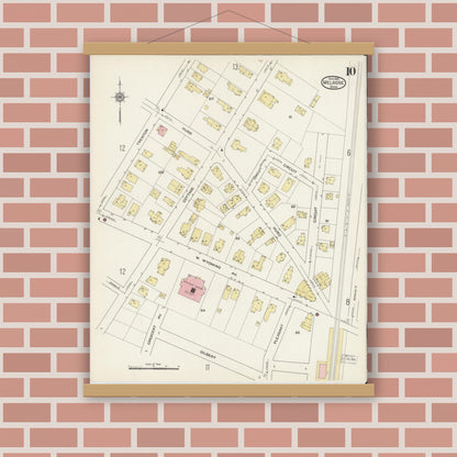 Old map wall art mockup — magnetic wood frame on brick wall — Sanborn Fire Insurance Map from Melrose, Middlesex County, Massachusetts (1915), Sheet #0010