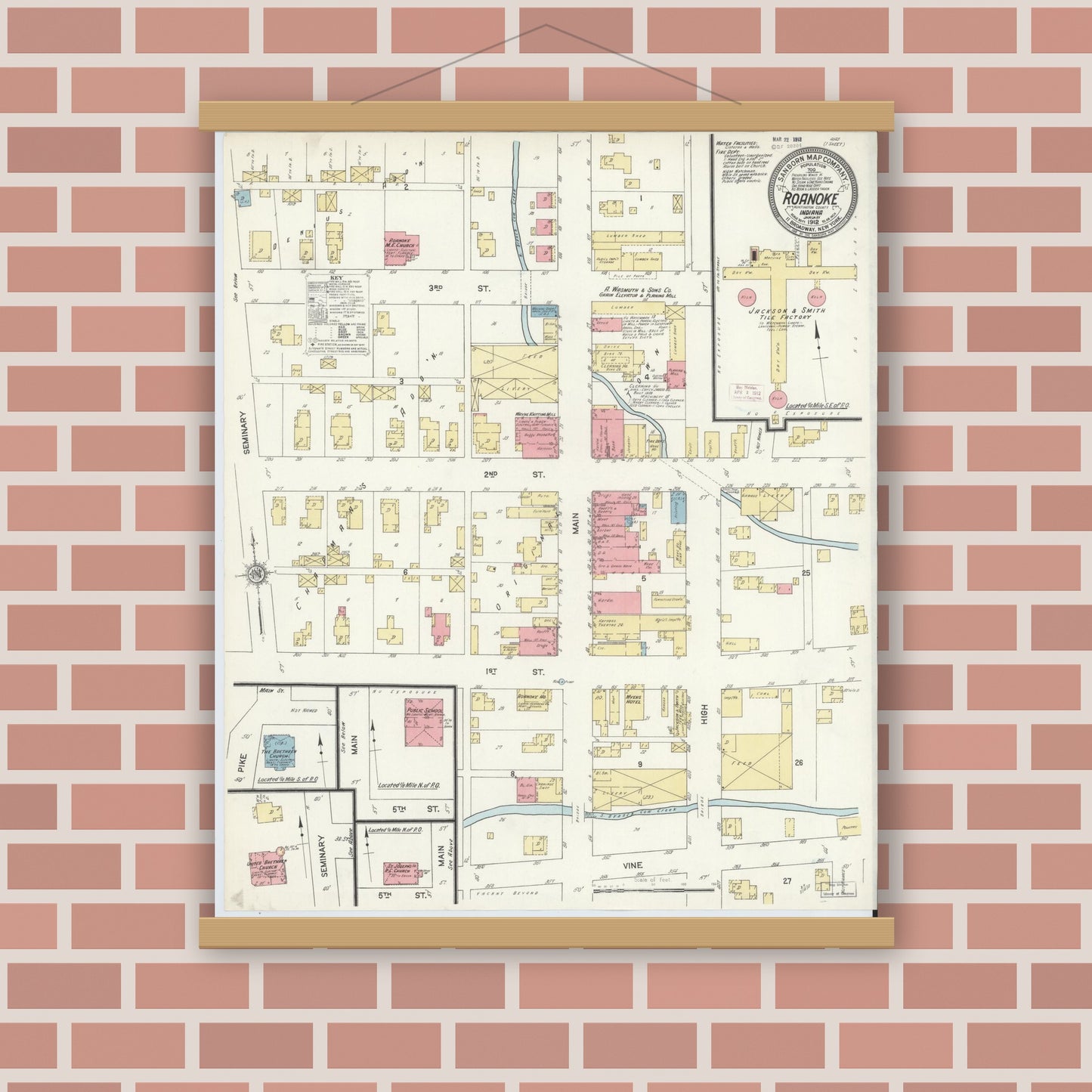 Old map wall art mockup — magnetic wood frame on brick wall — Sanborn Fire Insurance Map from Roanoke, Huntington County, Indiana (1912), Sheet #0001