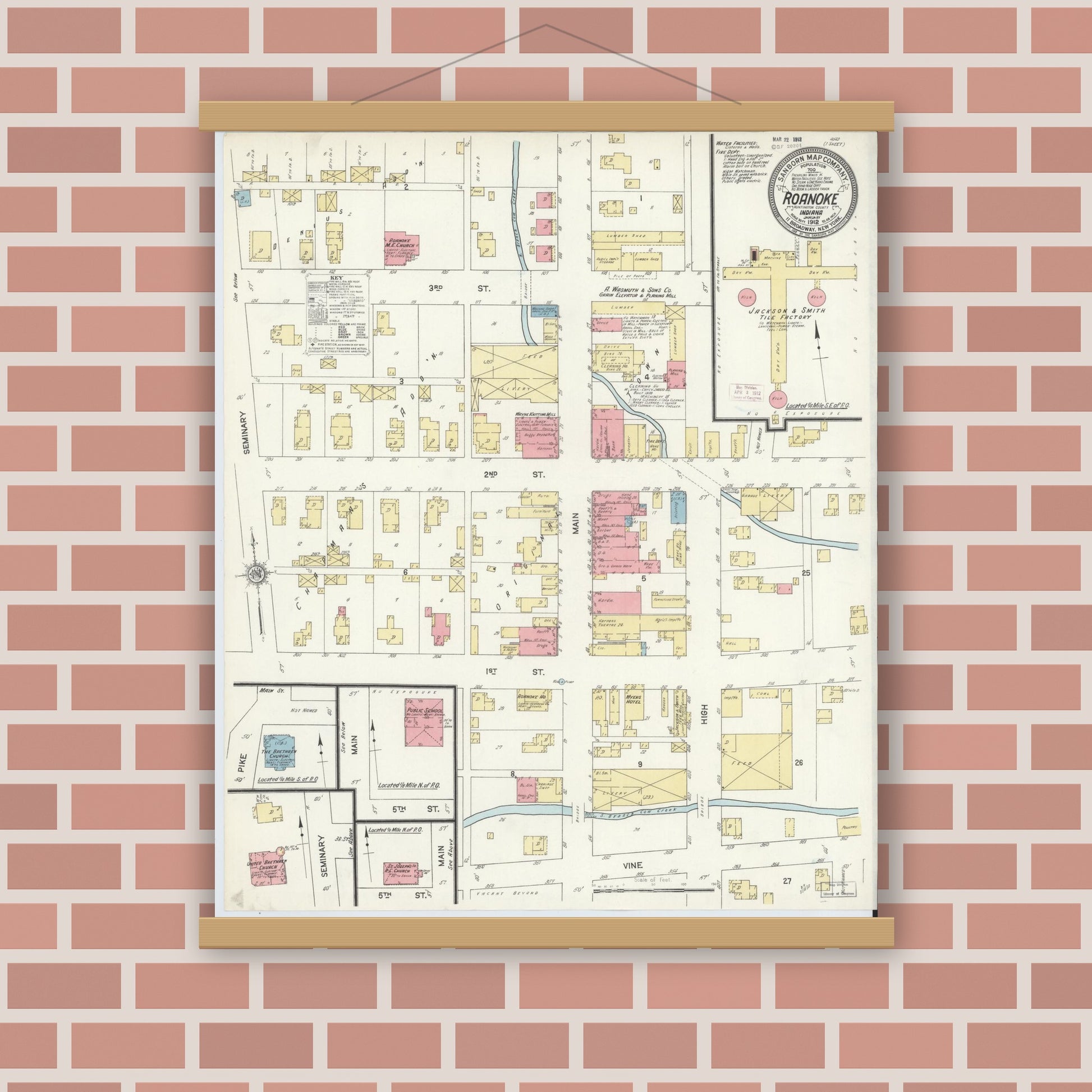 Old map wall art mockup — magnetic wood frame on brick wall — Sanborn Fire Insurance Map from Roanoke, Huntington County, Indiana (1912), Sheet #0001