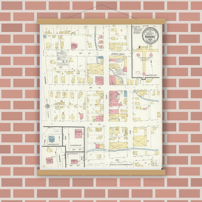 Old map wall art mockup — magnetic wood frame on brick wall — Sanborn Fire Insurance Map from Roanoke, Huntington County, Indiana (1912), Sheet #0001