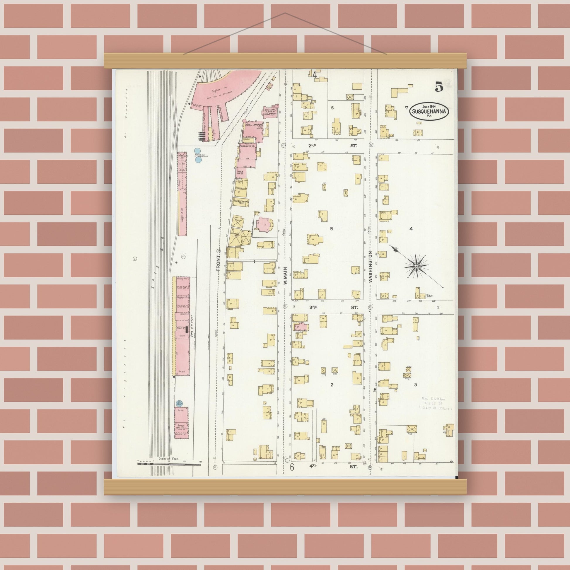 Old map wall art mockup — magnetic wood frame on brick wall — Sanborn Fire Insurance Map from Susquehanna, Susquehanna County, Pennsylvania (1904), Sheet #0005