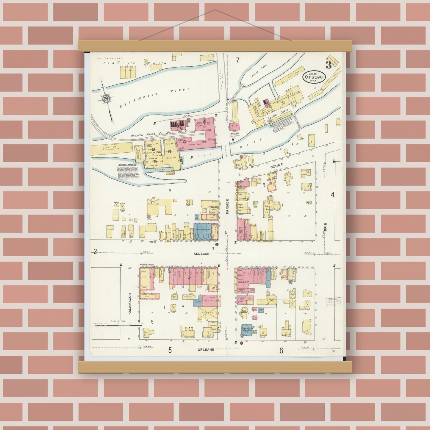 Old map wall art mockup — magnetic wood frame on brick wall — Sanborn Fire Insurance Map from Otsego, Allegan County, Michigan (1911), Sheet #0003