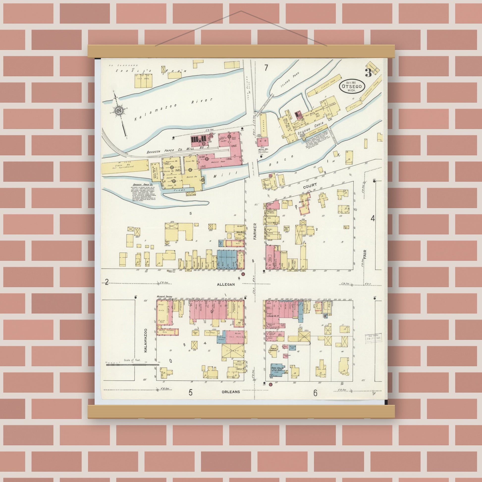 Old map wall art mockup — magnetic wood frame on brick wall — Sanborn Fire Insurance Map from Otsego, Allegan County, Michigan (1911), Sheet #0003