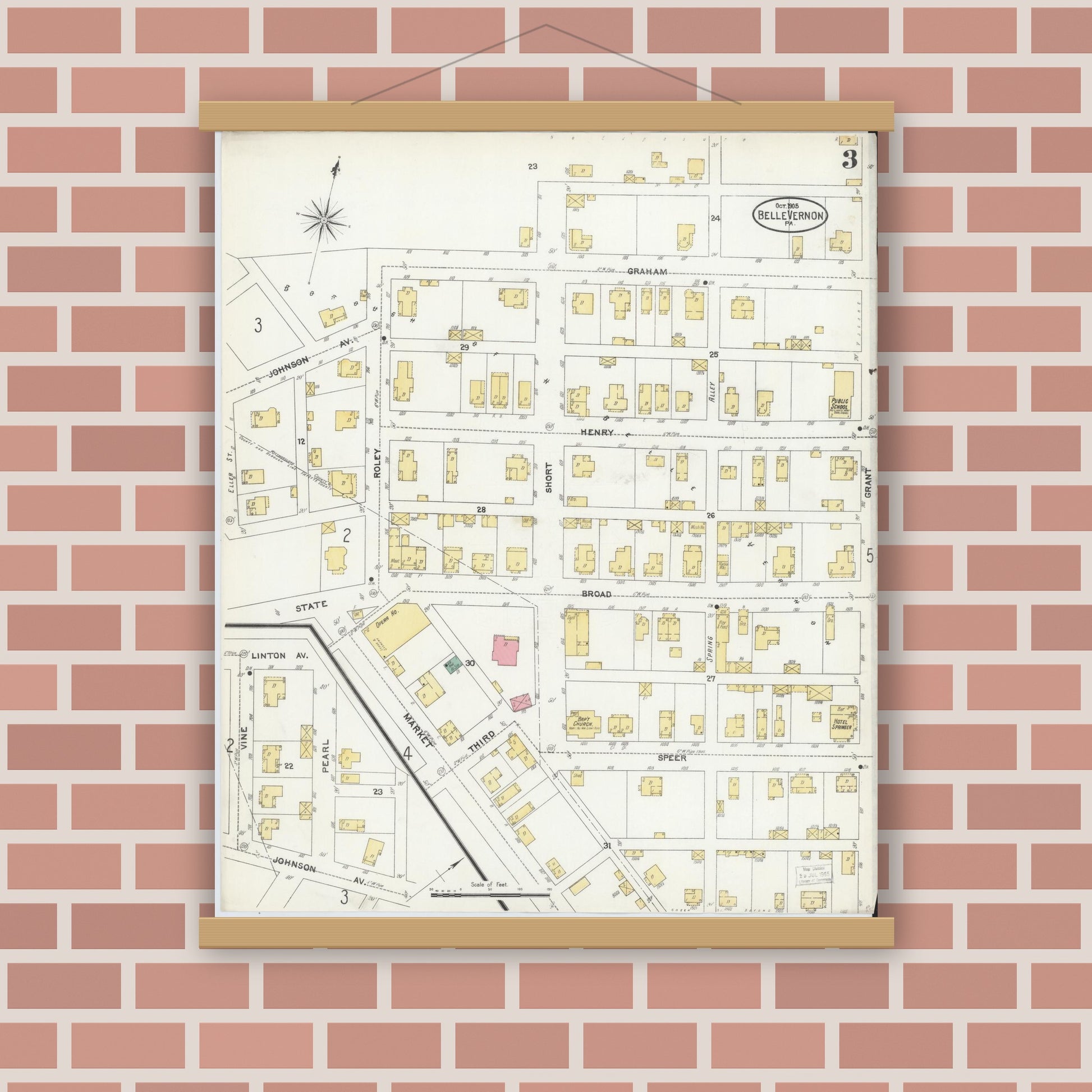 Old map wall art mockup — magnetic wood frame on brick wall — Sanborn Fire Insurance Map from Belle Vernon, Fayette County, Pennsylvania (1905), Sheet #0003