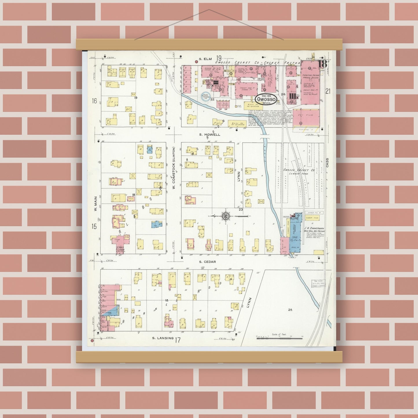 Old map wall art mockup — magnetic wood frame on brick wall — Sanborn Fire Insurance Map from Owosso, Shiawassee County, Michigan (1915), Sheet #0018