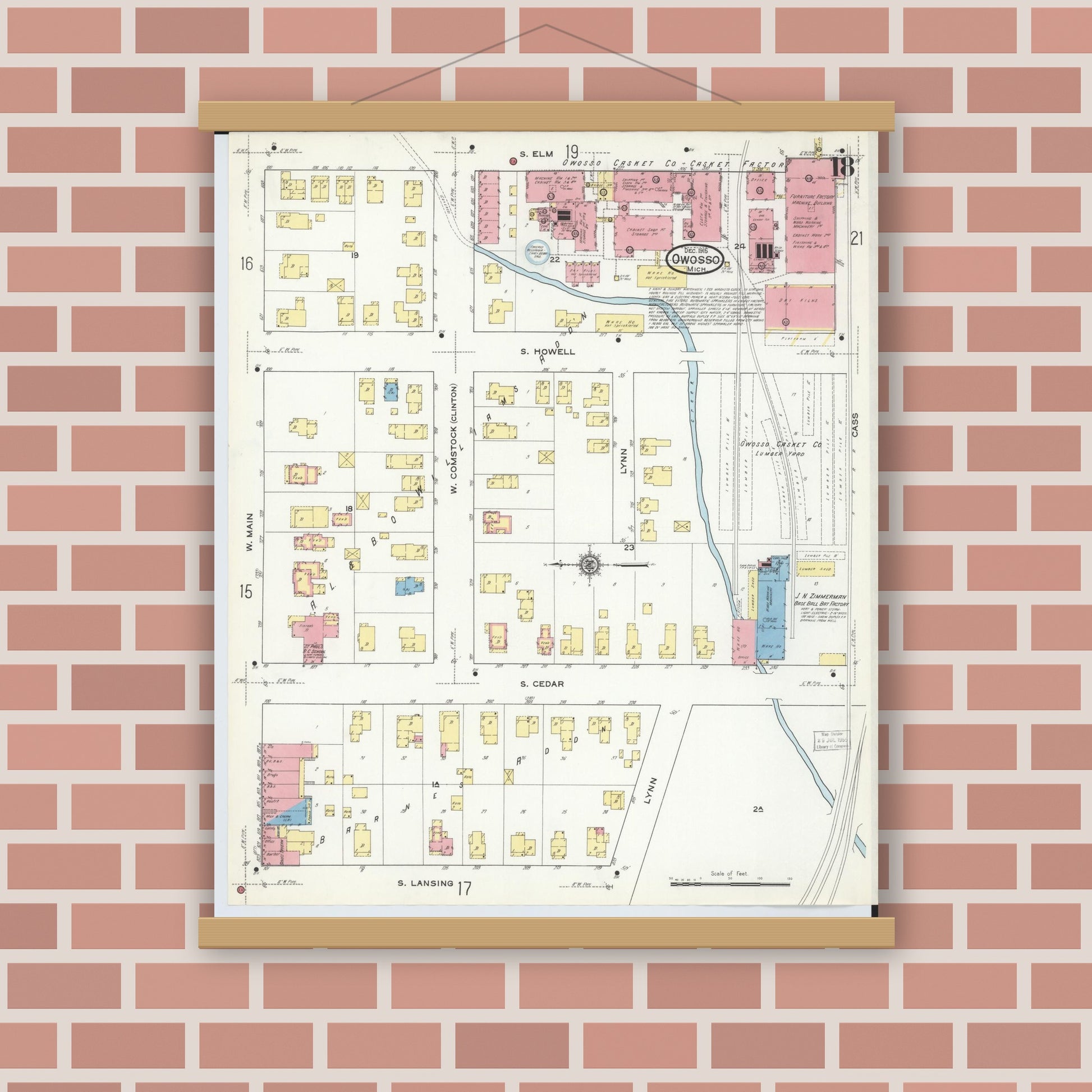 Old map wall art mockup — magnetic wood frame on brick wall — Sanborn Fire Insurance Map from Owosso, Shiawassee County, Michigan (1915), Sheet #0018