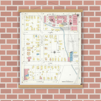 Old map wall art mockup — magnetic wood frame on brick wall — Sanborn Fire Insurance Map from Owosso, Shiawassee County, Michigan (1915), Sheet #0018