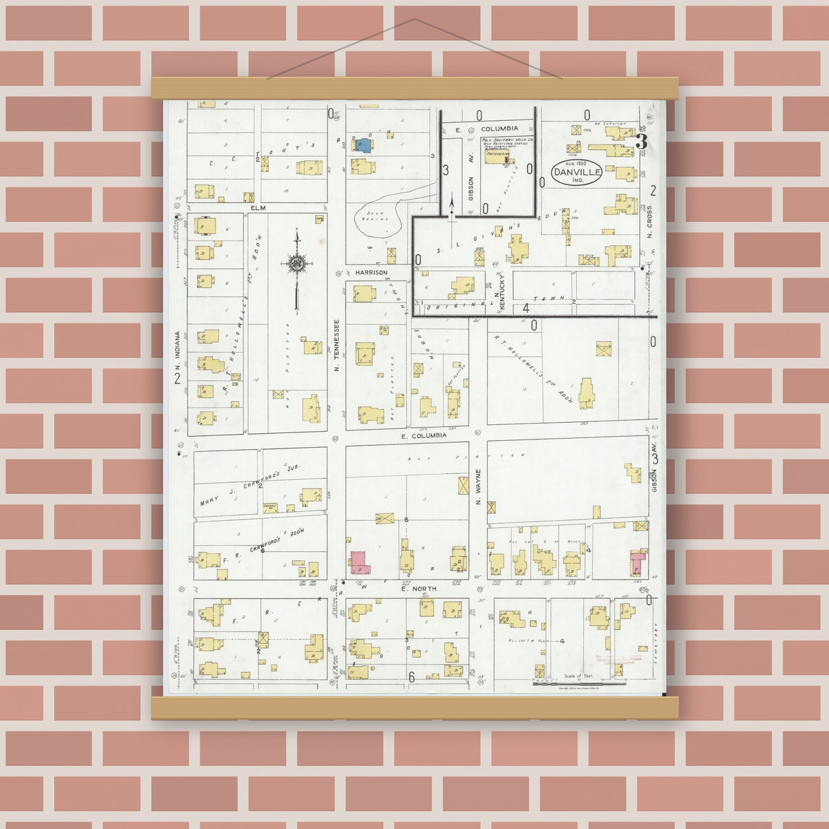 Old map wall art mockup — magnetic wood frame on brick wall — Sanborn Fire Insurance Map from Danville, Hendricks County, Indiana (1920), Sheet #0003