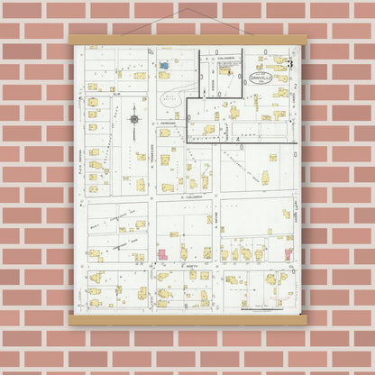 Old map wall art mockup — magnetic wood frame on brick wall — Sanborn Fire Insurance Map from Danville, Hendricks County, Indiana (1920), Sheet #0003