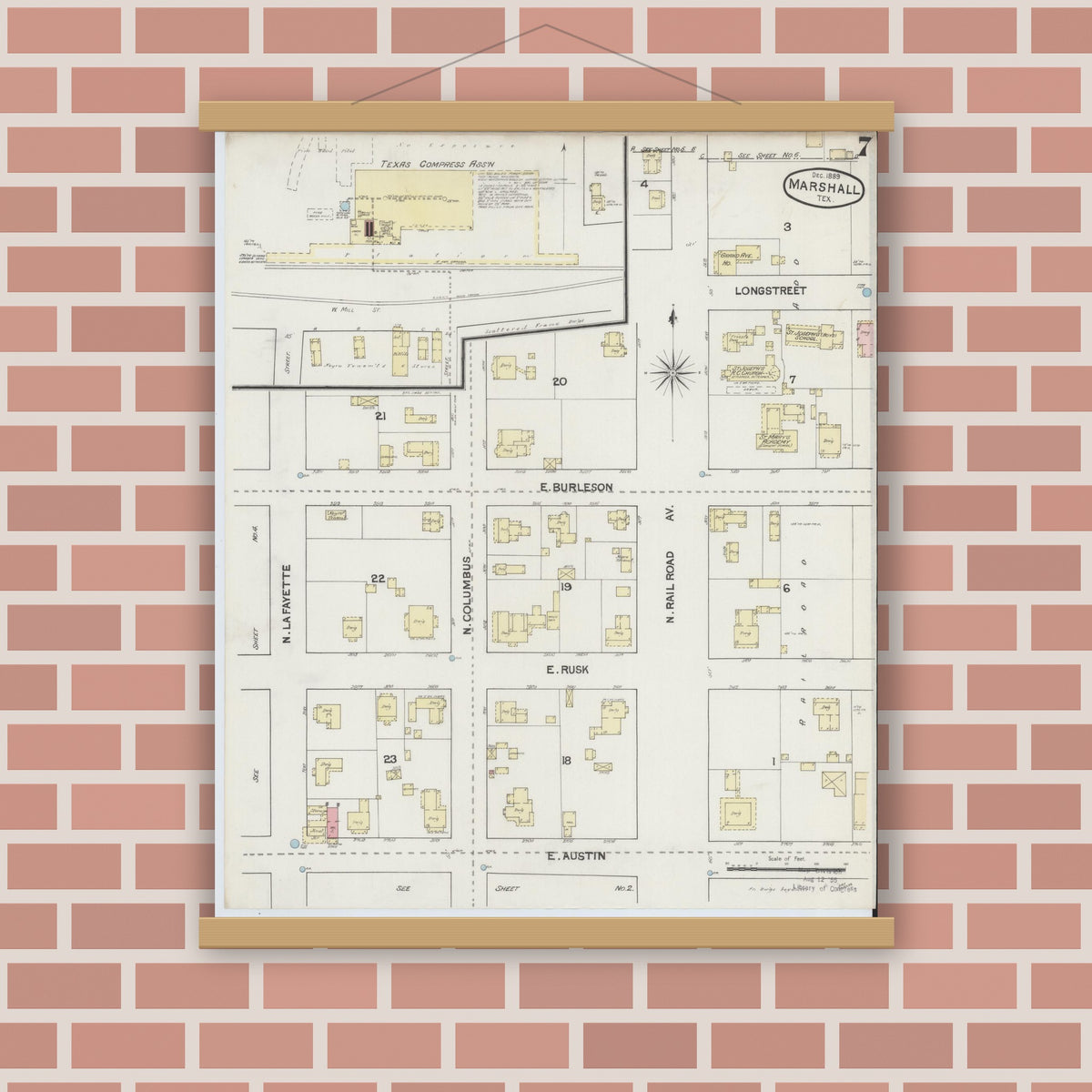 Old map wall art mockup — magnetic wood frame on brick wall — Sanborn Fire Insurance Map from Marshall, Harrison County, Texas (1889), Sheet #0007