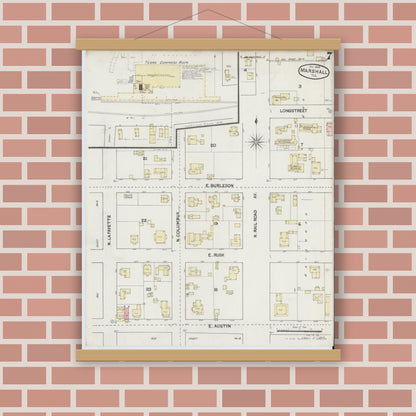 Old map wall art mockup — magnetic wood frame on brick wall — Sanborn Fire Insurance Map from Marshall, Harrison County, Texas (1889), Sheet #0007