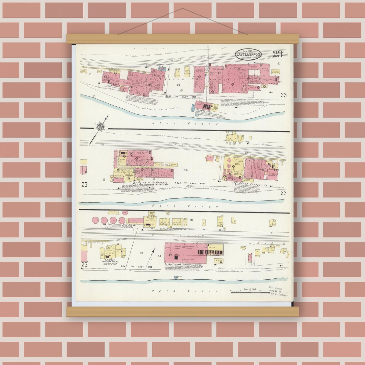 Old map wall art mockup — magnetic wood frame on brick wall — Sanborn Fire Insurance Map from East Liverpool, Columbiana County, Ohio (1913), Sheet #0023