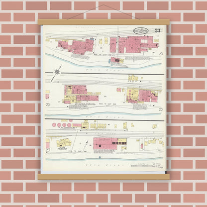Old map wall art mockup — magnetic wood frame on brick wall — Sanborn Fire Insurance Map from East Liverpool, Columbiana County, Ohio (1913), Sheet #0023