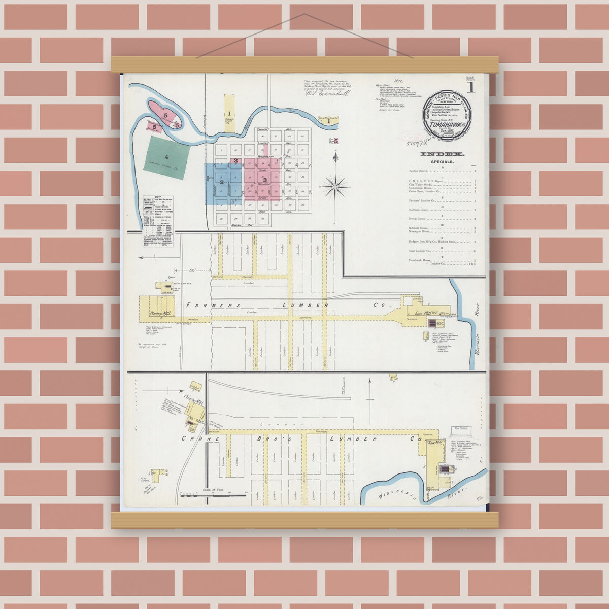 Old map wall art mockup — magnetic wood frame on brick wall — Sanborn Fire Insurance Map from Tomahawk, Lincoln County, Wisconsin (1892) - Complete Map Set