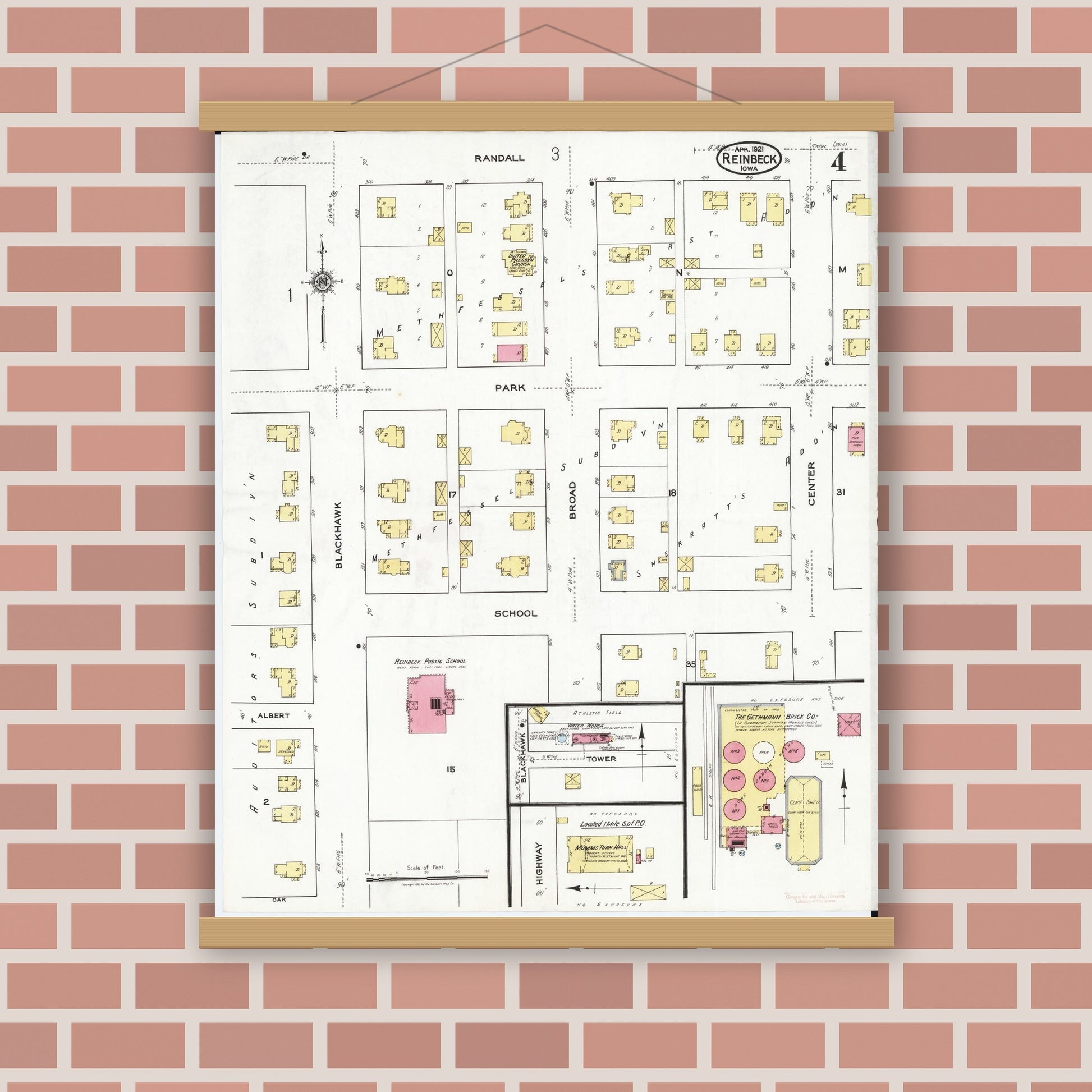 Old map wall art mockup — magnetic wood frame on brick wall — Sanborn Fire Insurance Map from Reinbeck, Grundy County, Iowa (1921), Sheet #0004