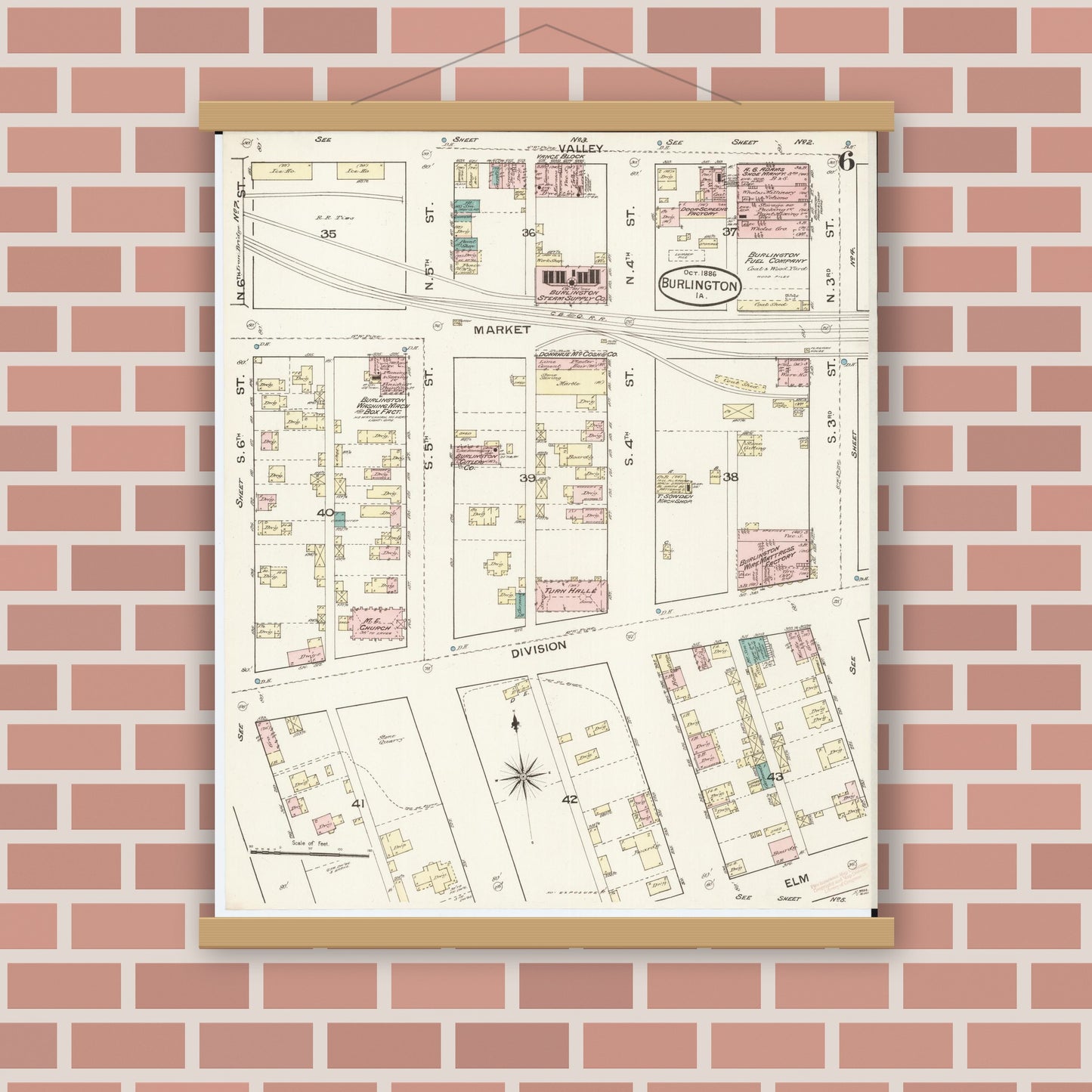 Old map wall art mockup — magnetic wood frame on brick wall — Sanborn Fire Insurance Map from Burlington, Des Moines County, Iowa (1888), Sheet #0006