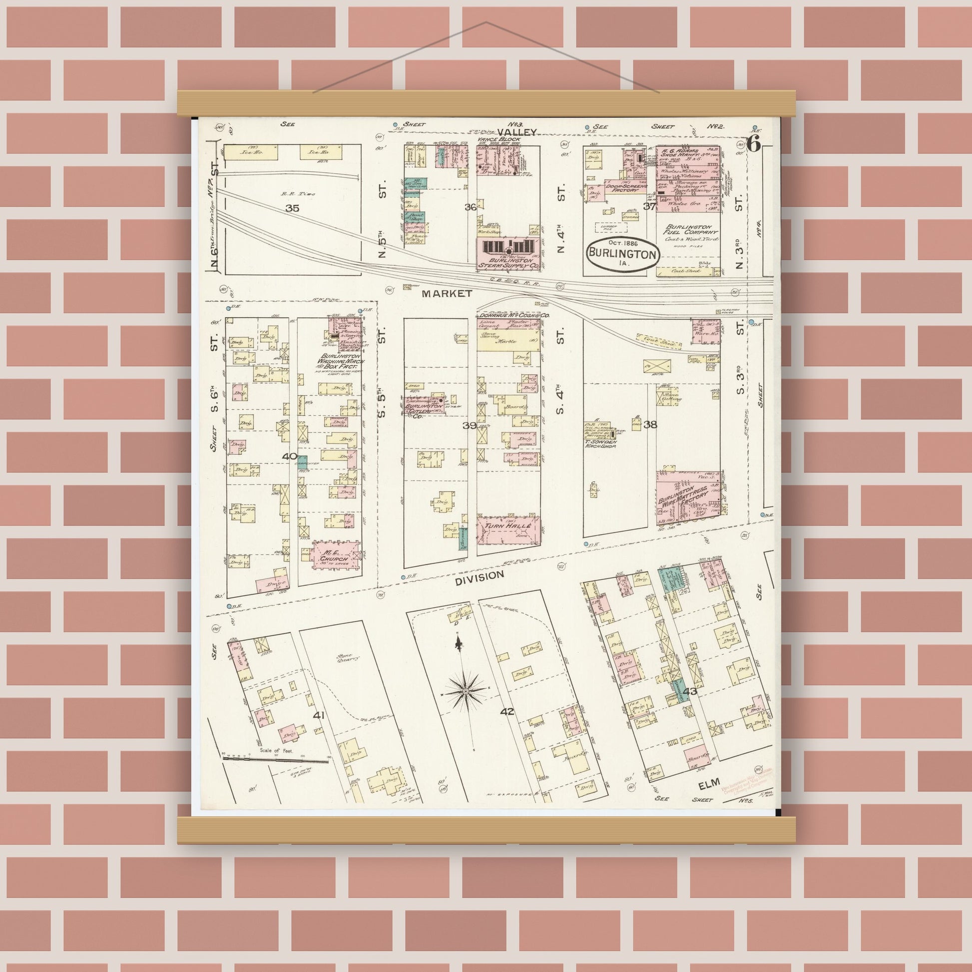 Old map wall art mockup — magnetic wood frame on brick wall — Sanborn Fire Insurance Map from Burlington, Des Moines County, Iowa (1888), Sheet #0006