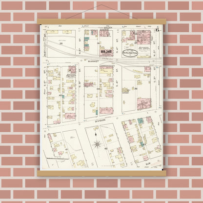 Old map wall art mockup — magnetic wood frame on brick wall — Sanborn Fire Insurance Map from Burlington, Des Moines County, Iowa (1888), Sheet #0006