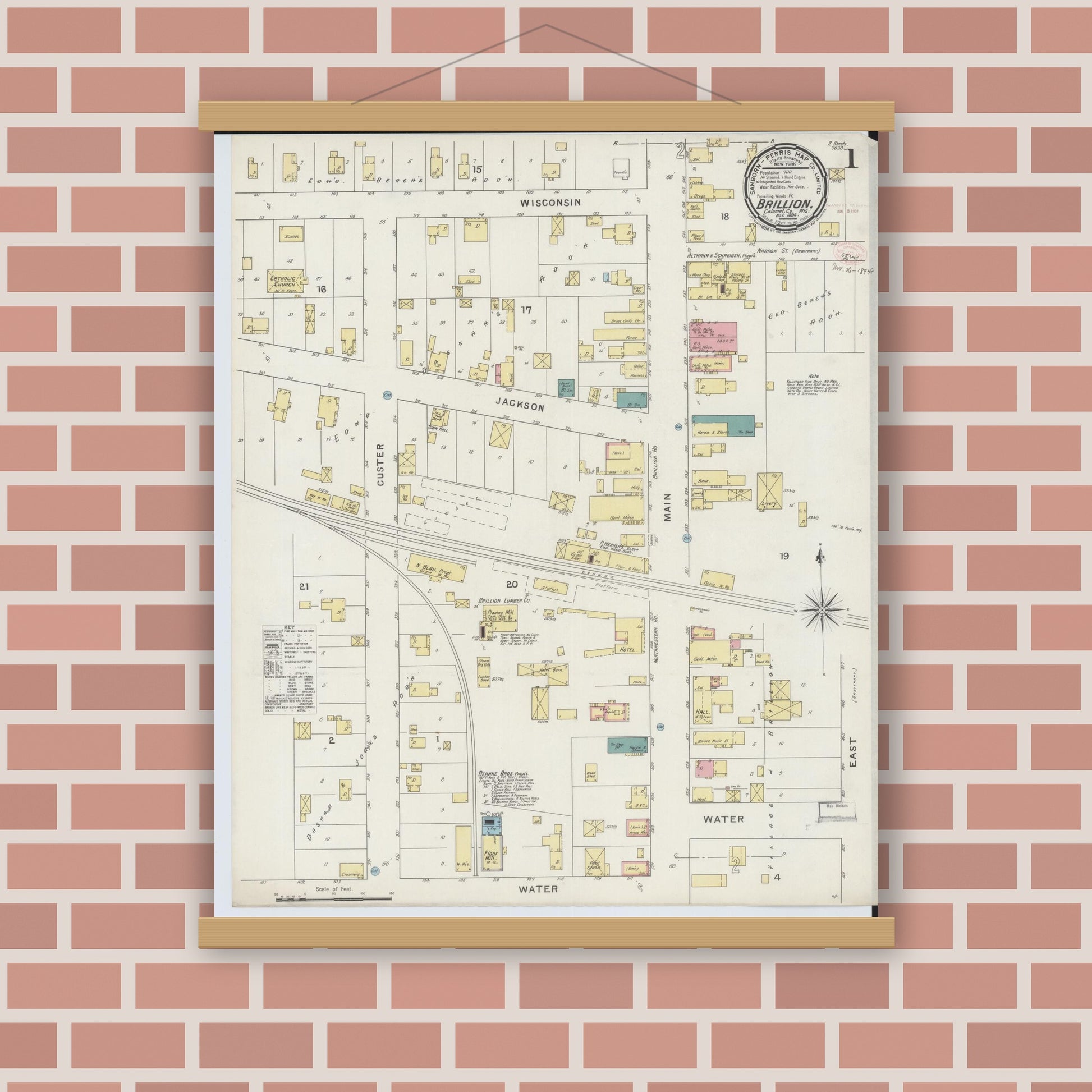 Old map wall art mockup — magnetic wood frame on brick wall — Sanborn Fire Insurance Map from Brillion, Calumet County, Wisconsin (1894), Sheet #0001