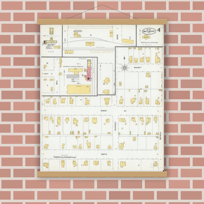 Old map wall art mockup — magnetic wood frame on brick wall — Sanborn Fire Insurance Map from Whitewright, Grayson County, Texas (1900), Sheet #0004