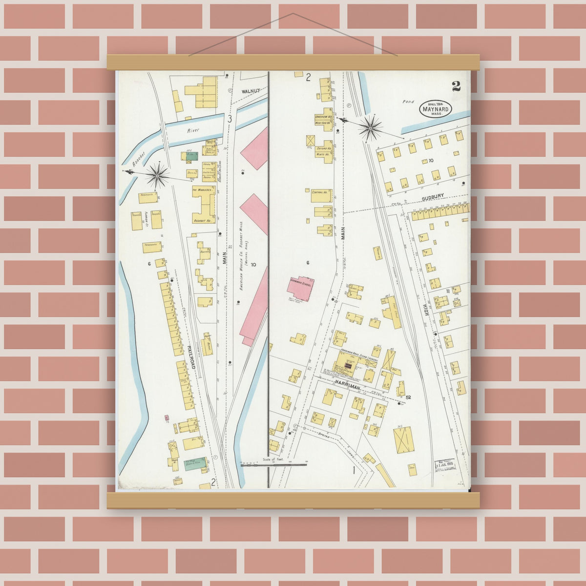 Old map wall art mockup — magnetic wood frame on brick wall — Sanborn Fire Insurance Map from Maynard, Middlesex County, Massachusetts (1904), Sheet #0002