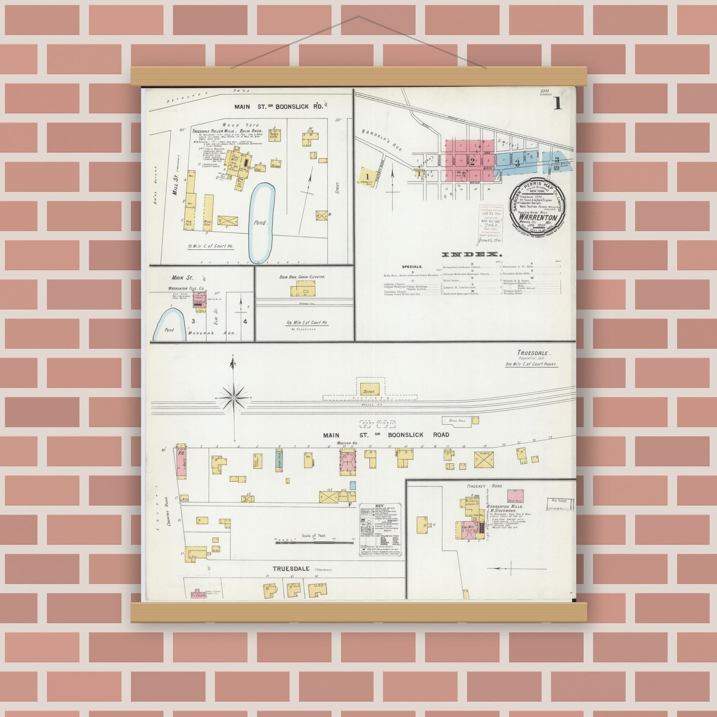 Old map wall art mockup — magnetic wood frame on brick wall — Sanborn Fire Insurance Map from Warrenton, Warren County, Missouri (1900) - Complete Map Set
