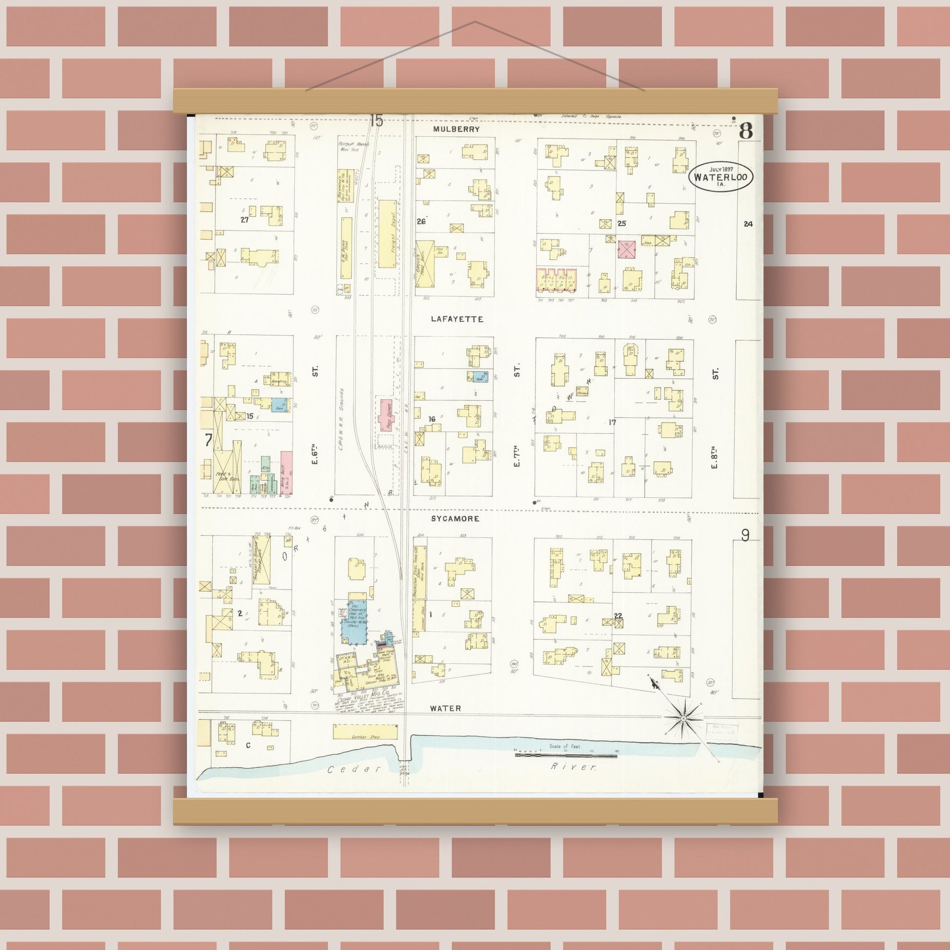 Old map wall art mockup — magnetic wood frame on brick wall — Sanborn Fire Insurance Map from Waterloo, Black Hawk County, Iowa (1897), Sheet #0008