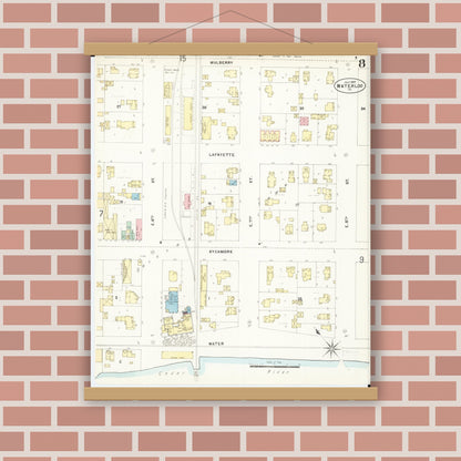 Old map wall art mockup — magnetic wood frame on brick wall — Sanborn Fire Insurance Map from Waterloo, Black Hawk County, Iowa (1897), Sheet #0008
