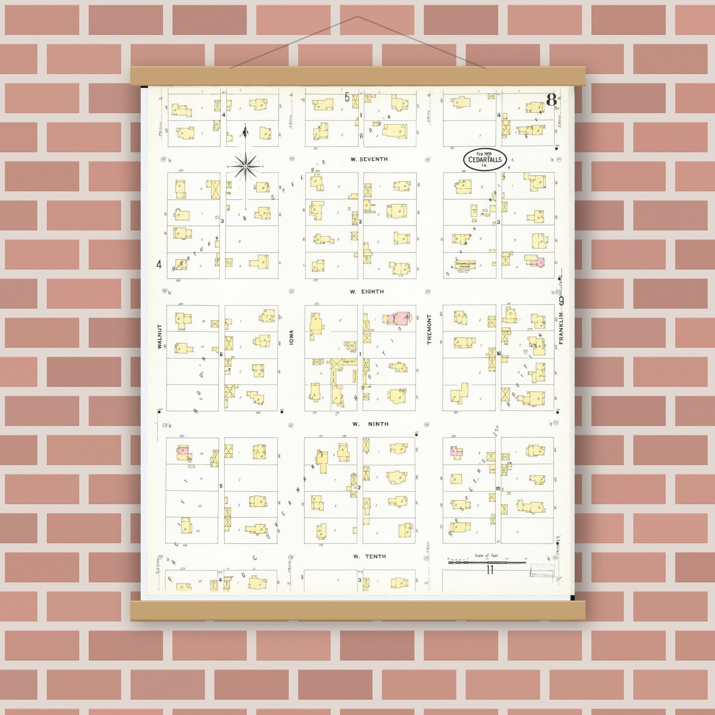 Old map wall art mockup — magnetic wood frame on brick wall — Sanborn Fire Insurance Map from Cedar Falls, Black Hawk County, Iowa (1909), Sheet #0008