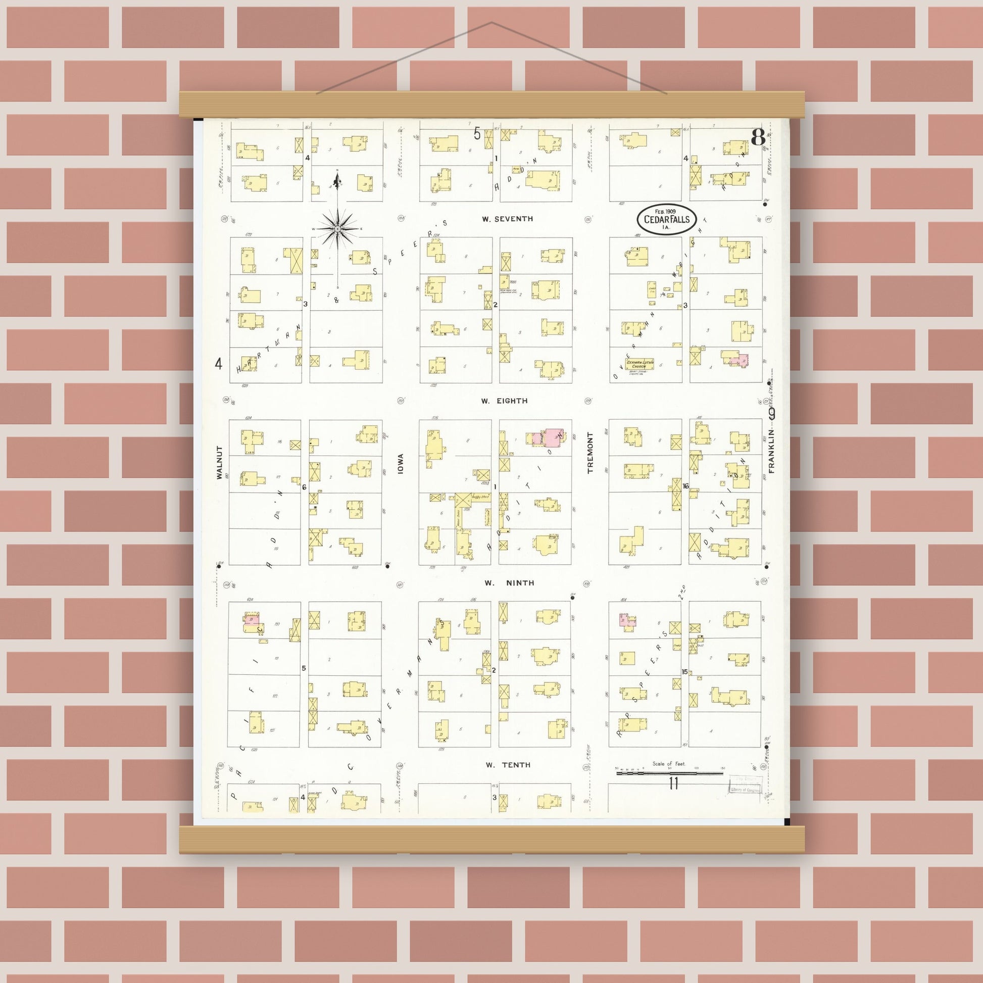 Old map wall art mockup — magnetic wood frame on brick wall — Sanborn Fire Insurance Map from Cedar Falls, Black Hawk County, Iowa (1909), Sheet #0008