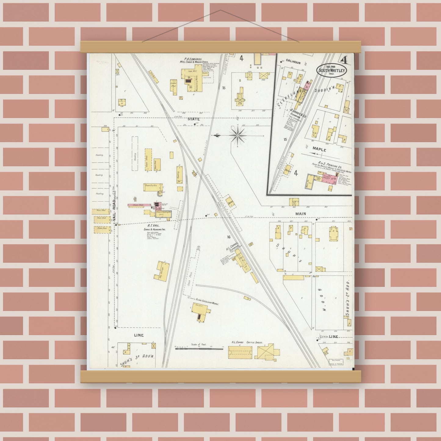 Old map wall art mockup — magnetic wood frame on brick wall — Sanborn Fire Insurance Map from South Whitley, Whitley County, Indiana (1900), Sheet #0004