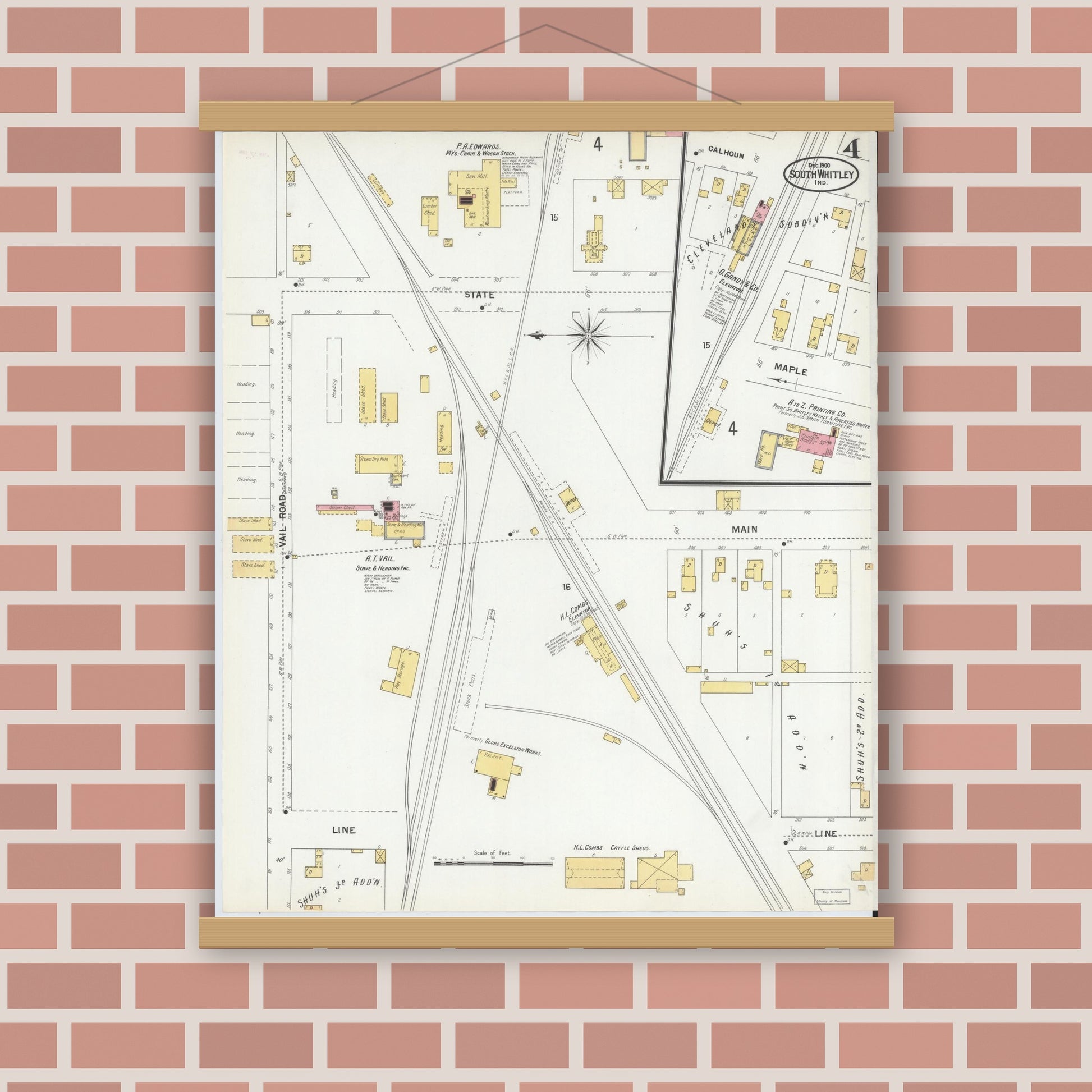 Old map wall art mockup — magnetic wood frame on brick wall — Sanborn Fire Insurance Map from South Whitley, Whitley County, Indiana (1900), Sheet #0004