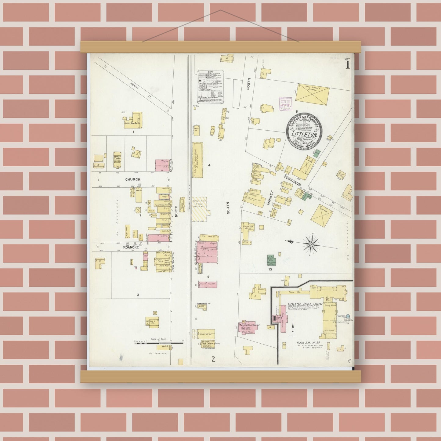 Old map wall art mockup — magnetic wood frame on brick wall — Sanborn Fire Insurance Map from Littleton, Halifax And Warren County, North Carolina (1907) - Complete Map Set