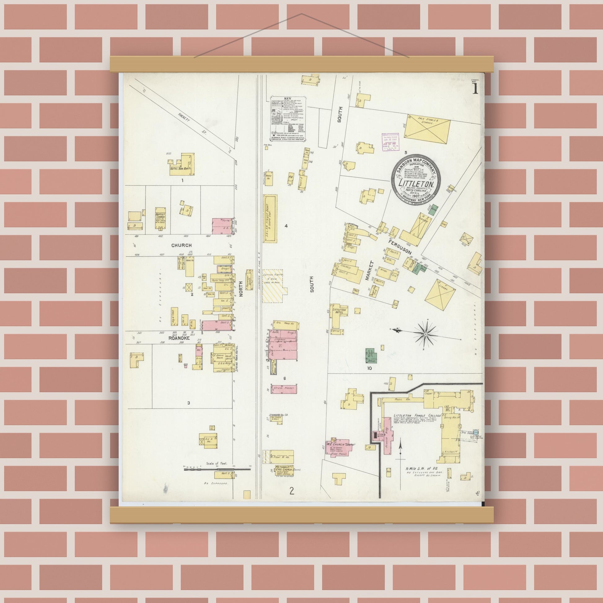 Old map wall art mockup — magnetic wood frame on brick wall — Sanborn Fire Insurance Map from Littleton, Halifax And Warren County, North Carolina (1907) - Complete Map Set