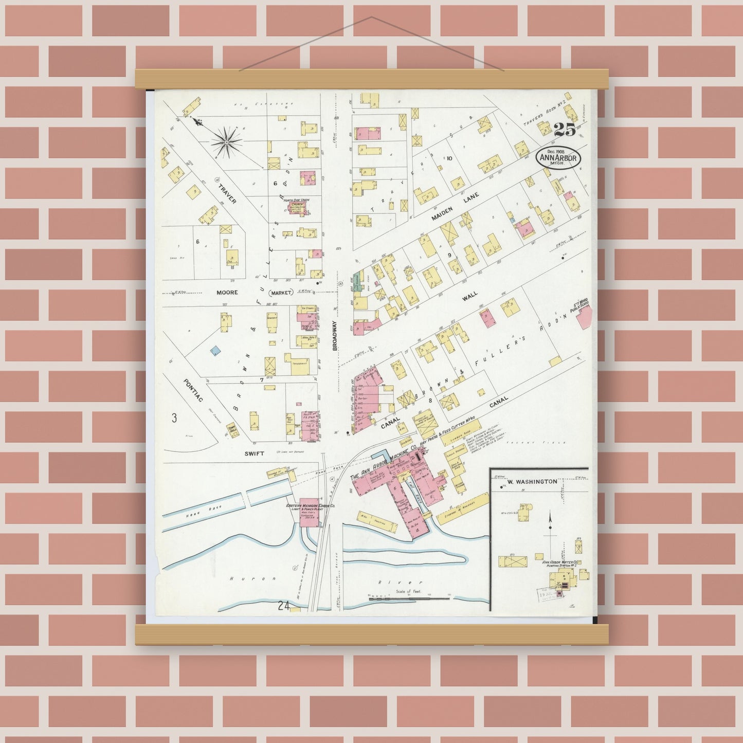 Old map wall art mockup — magnetic wood frame on brick wall — Sanborn Fire Insurance Map from Ann Arbor, Washtenaw County, Michigan (1908), Sheet #0025