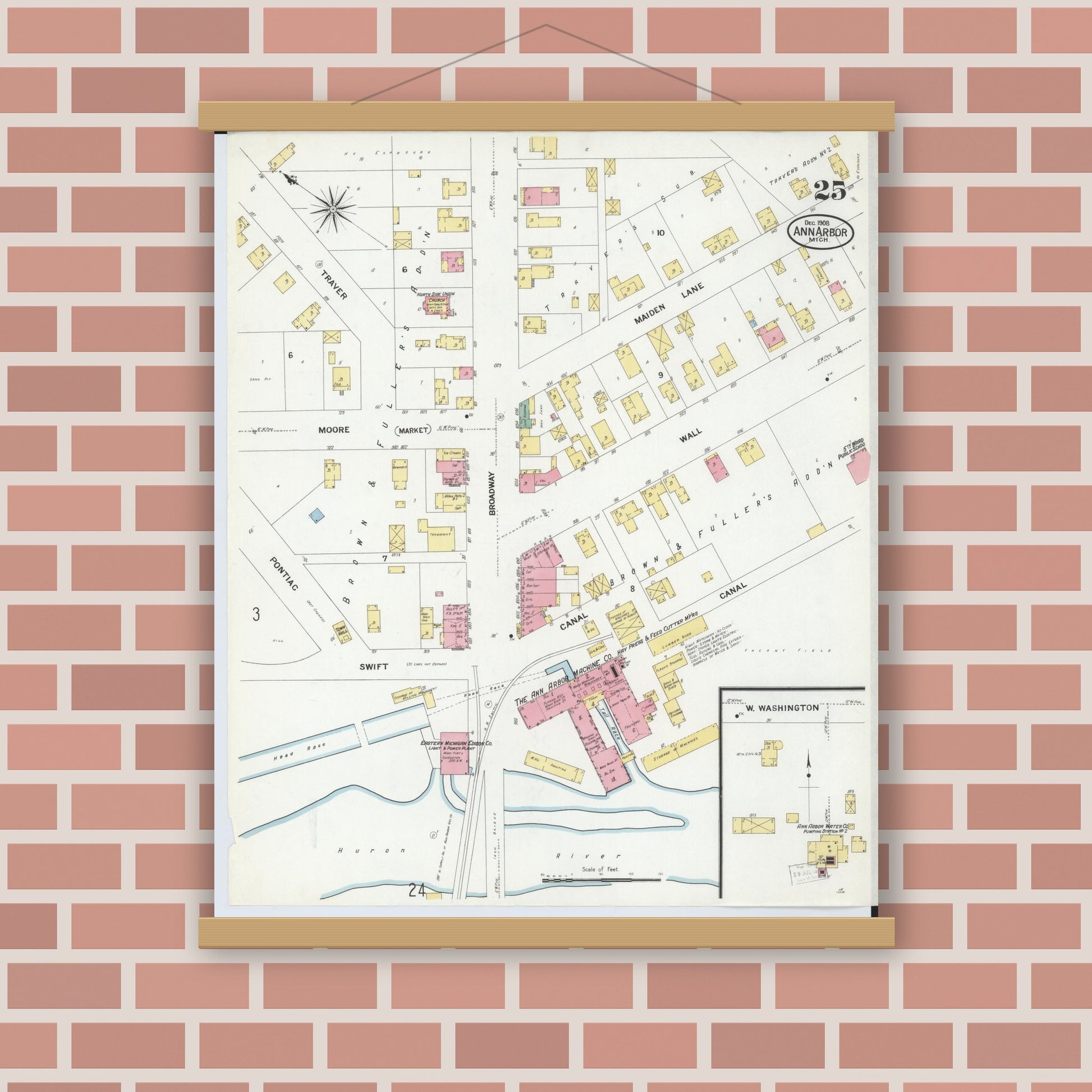 Old map wall art mockup — magnetic wood frame on brick wall — Sanborn Fire Insurance Map from Ann Arbor, Washtenaw County, Michigan (1908), Sheet #0025